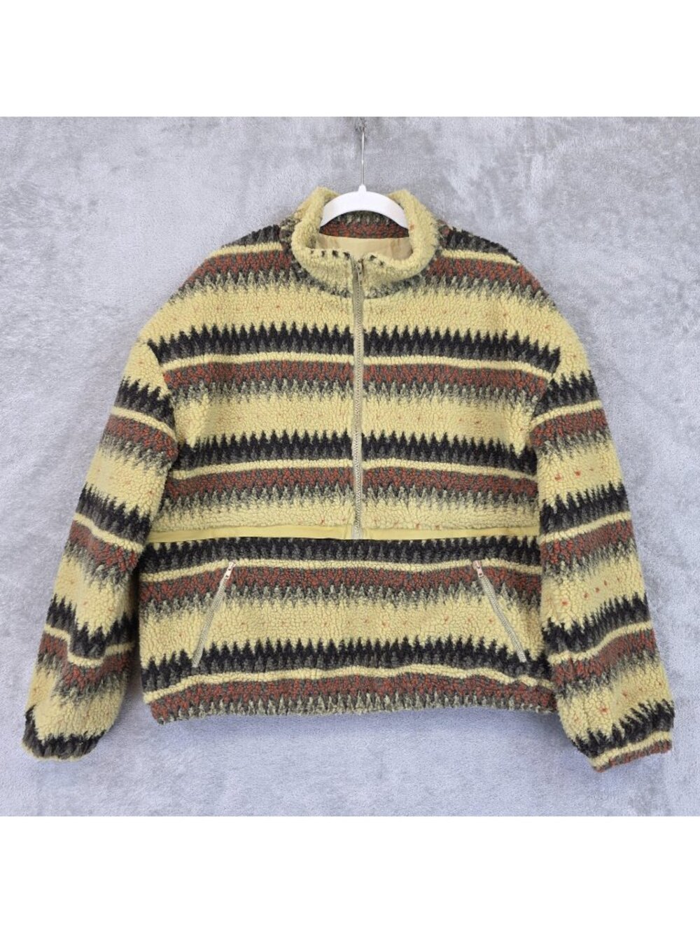 Pazzo Fleece Jacket Mens L Yellow Multicolor Striped 1/2 Zip Lined Sherpa Aztec